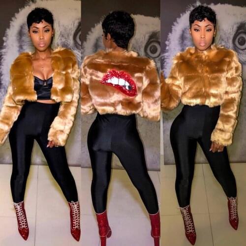 2020 Autumn Winter Sequins Lip Faux Fur Short Coat Long Sleeve Open Stitch Jacket Fashion Casual Outerwear