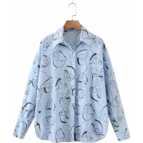 Merodi Women Fashiion Mask Print 2021 Summer Blue Long Shirts Oversize Girls Casual Turn-Down Collar Single Breasted Loose Tops