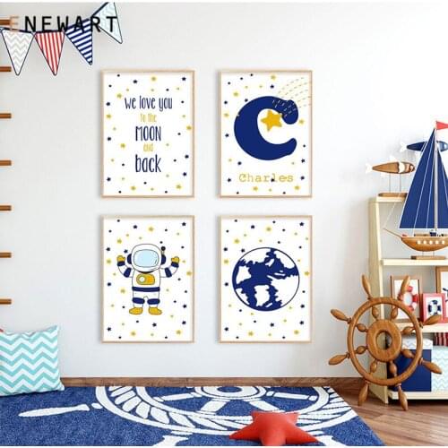 Cartoon Customized Name Prints and Posters Nursery Wall Art Nordic Kid Baby Bedroom Astronaut Space Canvas Painting Pictures