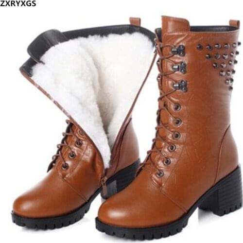 2020 New Top Cowhide Rivet Autumn Leather Boots Womens Boots High-heeled Thick-soled Winter Snow Boots In-tube Boots Large Size