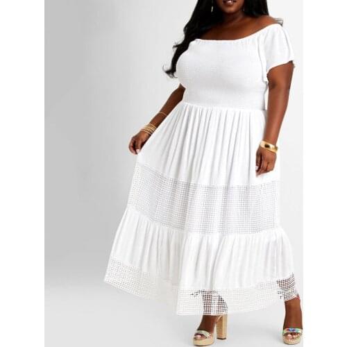 4XL 5XL Plus Size White Dresses for Womens Square Neck High Waisted Hollow Out Ankle Length Fashion Oversized Long Dresses Big