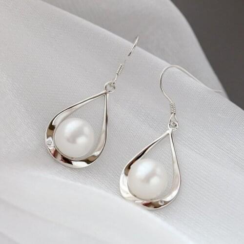 Authentic 925 Sterling Silver Elegant Women Water Drop Earrings Inlaid Natural Freshwater Pearl Earring Trendy Jewelry Gift