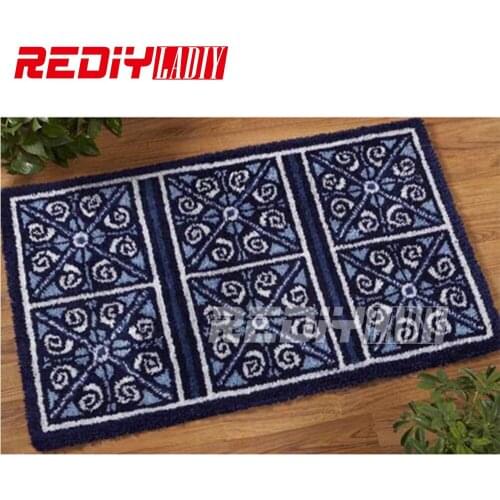 REDIY LADIY Latch Hook Rug Floor Mat Wall Tapestry Pre-Printed Canvas Blue Geometrical Yarn Embroidery Unfinished Carpet 85x60c