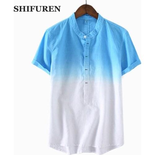 SHIFUREN Summer Cotton Linen Shirts Short Sleeve Gradient Color Soft Breathable Causal Male Shirts Stand Collar Size M-XXL