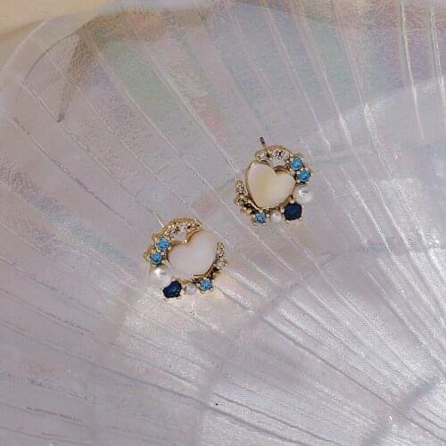 U-Magical Vintage Multicolor Hollow Blue Crystal White Love Heart Shell Faux Pearl Dangle Earrings for Women Earrings Jewellery