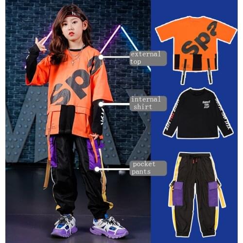 Pally elves 2020 Spring Boys Girls Set Orange Shirt Pocket Pants Fashion Kids Dance Hiphop Stlye Suit