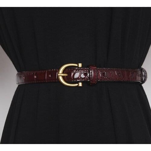 Vintage belt for women ladies jeans gold buckle crocodile pattern cowhide thin belts female fashion belt