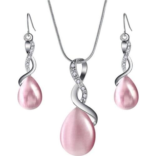 Women Elegant Stone Waterdrop Rhinestone Pendant Necklace Hook Earrings Jewelry Set Wedding Bride Jewelry Sets Gift