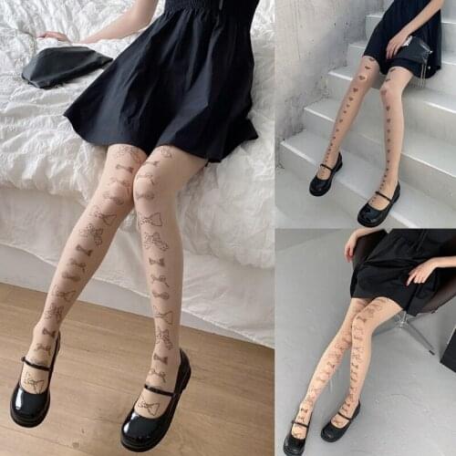 C6UD Women Girls Gothic Transparent Silky Pantyhose Japanese Lolita Kawaii Heart Bow Print Jacquard Tights See-Through Stockings