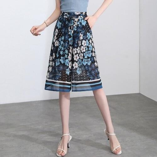 Women Floral Printed Wide Leg Chiffon Pants Summer Female Casual Harajuku Loose Knee Length Trousers