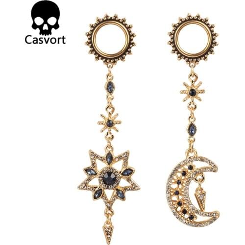 Casvort 2PCS Body Piercing Jewelry Asymmetrical Stars and Moon Ear Gauges Plugs Tunnels Stainless Steel Dangle Earrings Expander