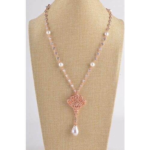 Womens 26" White Keshi Pearl Necklace CZ Pendant