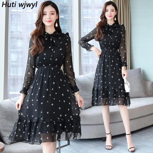 2021 Vintage Chic Black Chiffon Midi Dresses Autumn Winter Print Long Sleeve Beach Dress Elegant Women Bodycon Party Vestidos