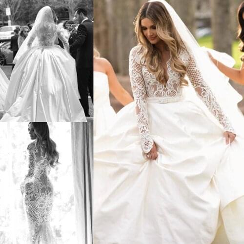 2020 Boho Wedding Dresses with Detachable Train Lace Long Sleeve Mermaid Beach Wedding Gowns vestido de novia Illusion Beaded
