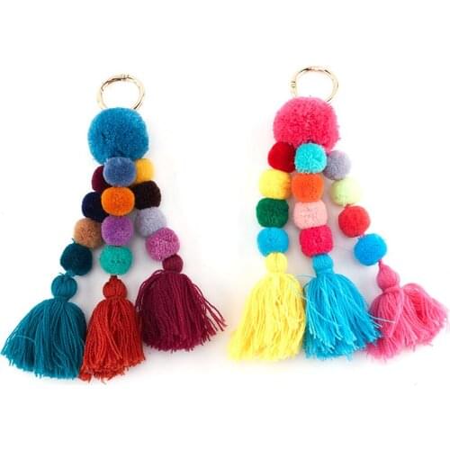 4types Bohemian Accessories Handmade Keychain Beads Chain Pompom Hand Bag Hanging Key Chains For New Year Gift