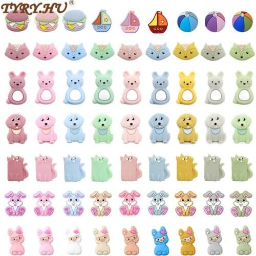 TYRY.HU 5pcs Food Grade Baby Teether Beads Mini Rabbit Sheep Tortoise Fox Cat Pearl Silicone Beads Pacifier Clips Chain DIY Gift