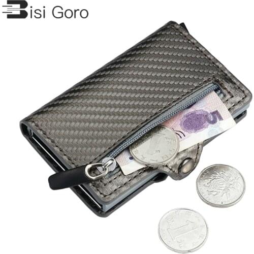 BISI GORO 2021 Anti-theft Card Holder Carbon Fiber Slim Wallet Card RFID Men Business Button Wallet Male Coin Purse ID Holder