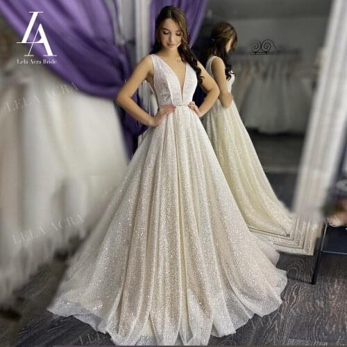 Brilliant Wedding Dress New V-neck Sleeveless Crystal Belt A-Line Bridal Gown Princess LelaAcra LI11 Customized Vestido De Novia