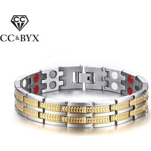 CC Fashion Jewelry Bracelets For Men Titanium Steel Golden Bangles Jewelry Magnet Double Row Health Stone Drop Shipping TBRM-005