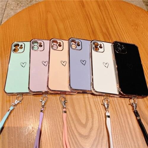 Necklace Cord Lanyard Phone Case For iPhone 11 12 Pro XS MAX X XR 7 8 Plus SE2 Candy Color Gold Plating Bumper Neck Strap Cover