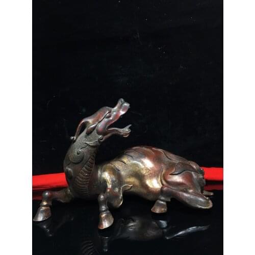 Home Decor 11"Tibet temple Bronze Cinnabar Lacquer Turn head beast unicorn statue Town House Exorcism Ward off evil spirits