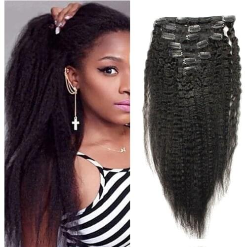 Indian Remy Hair Kinky Straight Clip In Human Hair Extension 12-30 Inches Yaki Straight Human Hair Clip In 8Pcs 200g Full Head