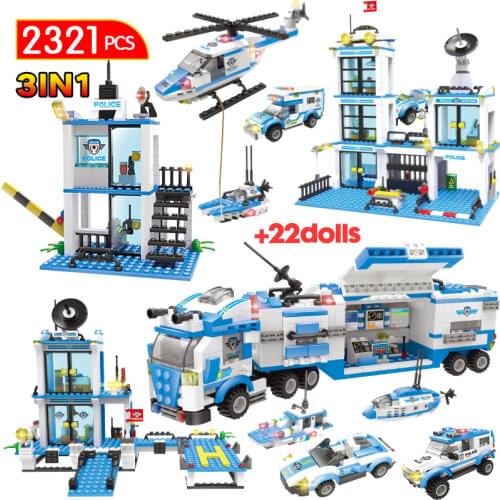 2321 Psc 3in1 City Police Station Car Headquarters Building Blocks Ambulance Truck Vehicle Figures Bricks Toys For Boys