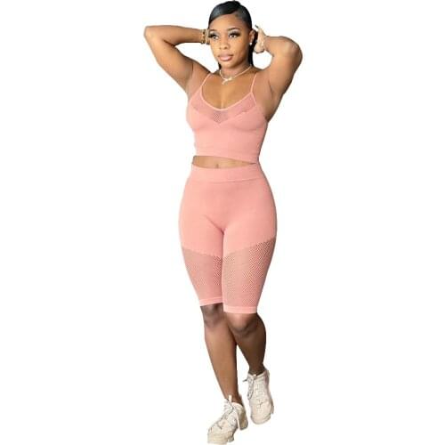 Summer New Womens Sexy Sports Short Suit, Camisole Mesh Splicing Two-Piece Suit