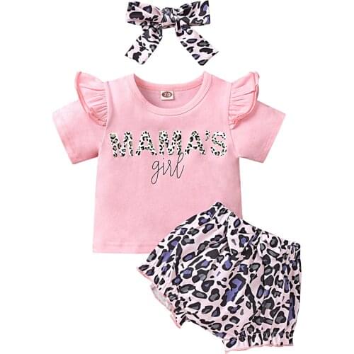 Summer Clothing for Baby Girl 3Pcs Set Pink MAMAS GIRL Letter Print Ruffled Short Sleeve T-shirt+Leopard Shorts+Headband