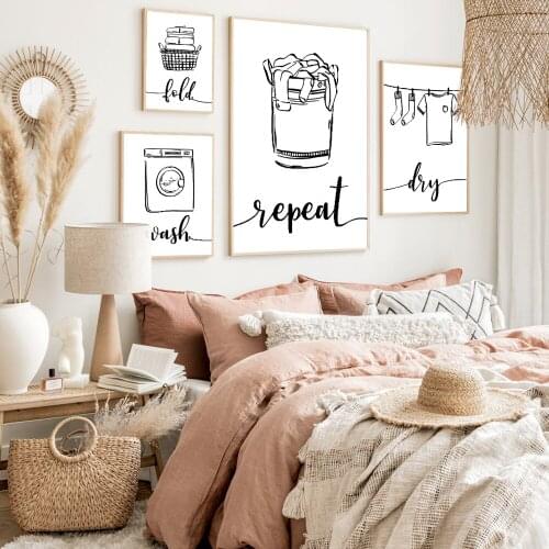 Minimalist Poster Wash Dry Fold Repeat Laundry Canvas Painting Art Print Black White Wall Picture for Living Room Home Decor