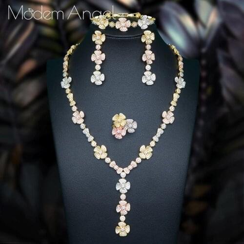 ModemAngel Delicate Flowers Leaf Cubic Zirconia Copper Wedding Necklace Bangle Ring Earring For Women Dubai Gold Jewelry Set