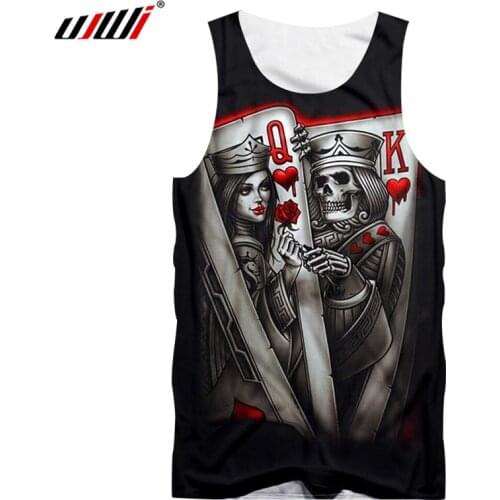 UJWI 2020 Summer Top Mens 3D Poker Queen King Skull Printed Tank Top Man Sleeveless O Neck Casual Vest Male Body Building Shirt