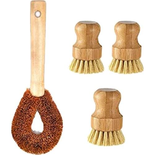 4 Pcs Bamboo Dish Scrub Brush Set,3 Round Dish Brushes and 1 Long Handle Pot Brush for Pan Dish Utensils Bowl Cleaning