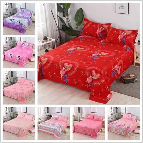 Pink Flower Flat Sheet Mattress Cover Wedding Bedding Linens Red Bed Sheets Double Queen King Size Coverlet 230*230CM