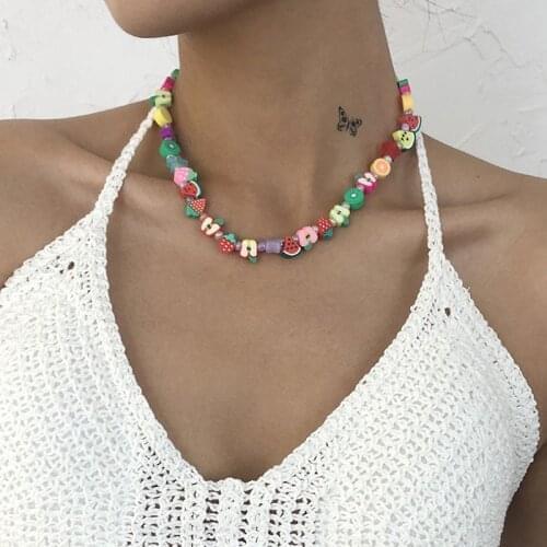 Colorful Fruit Charm Choker Necklace for Women Short Chain Collar Necklace Girls Neck Chain Cute Cartoon Beads Summer Jewelry