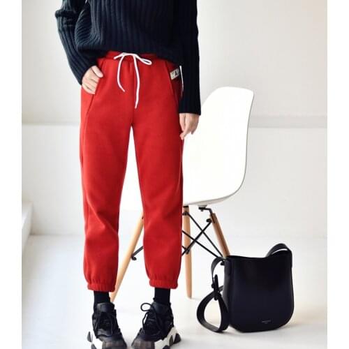 MICOCO K6517C Korean style three - dimensional cut elastic waist and velvet nine - minute bundled foot casual pants
