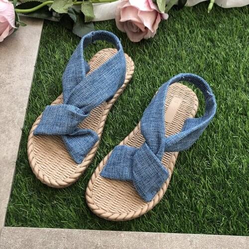 2020 new sandals womens summer wear straw linen ROMAN SANDALS elastic band cross flat womens shoes