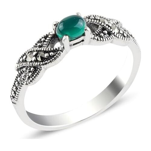 Silver 925 Sterling Green Agate & Marcasite Ring