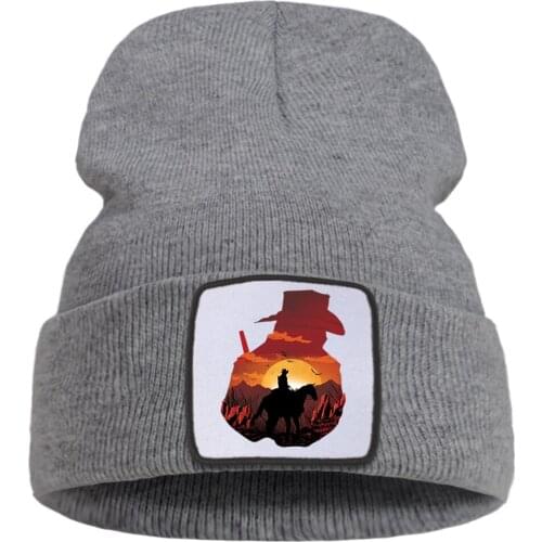 Cowboy Riding A Horse Print Bonnet Caps Thick Unisex Knitted Cap Flexible Hip Hop Beanie Hats Warm Cotton Harajuku Wool Hat