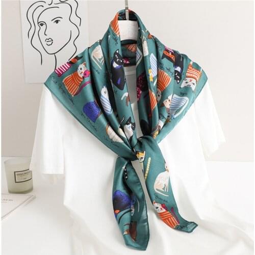 Silk Square Scarf Kitty Women Neckerchief Cat Printing Bag Tie Green Kerchief Cartoon Headband Office Lady Necktie Fashion