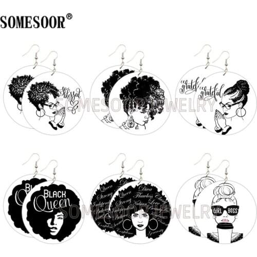 SOMESOOR Black Queen Sketch Printing Wooden Drop Earrings Girl Boss Blessed Greatful Sayings Design Loops Dangle For Women Gifts