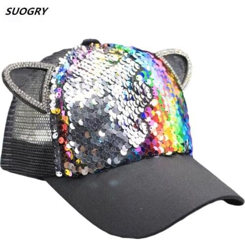 SUOGRY 2019 New Summer Parent-Child Baseball Caps Adjustable Ear Sequins Girls Mesh Cap Boy Sun Hats Women Snapback