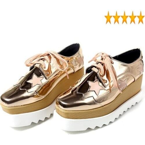 Embellished Hot Sale Fashion Star Soft Leather Square Toe Women Casual Street Style Platform Lace Up Wedges Shoes Woman