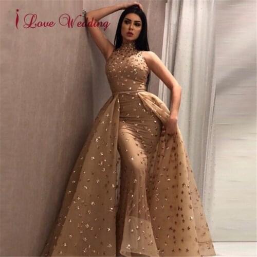 Hot Sale 2020 Sexy Halter Sequin Evening Dresses Custom made Sleeveless Mermaid Gown Gold Lace Dress with Train Dubai Style