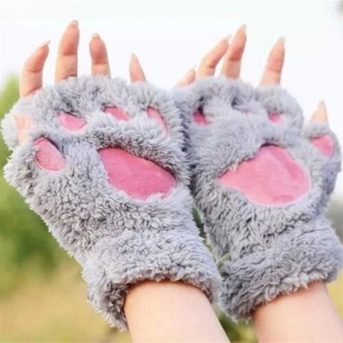 VISNXGI New Women Fingerless Gloves Fingerless Mitten Cat Claw Gloves Fluffy Bear Cat Plush Paw Claw Half Finger Warm Cat Glove