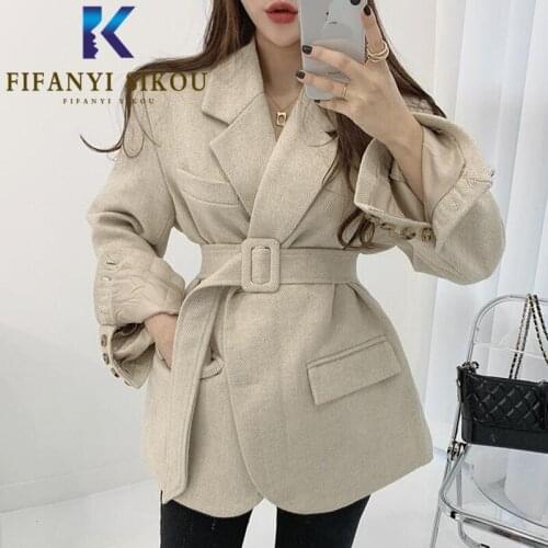 Autumn Winter Blazer Jacket Women Single Breasted Herringbone Fashion Lapel Suit Jacket Lady Loose Warm Blazers Coat With Belt