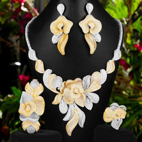 GODKI Luxury Flower Leaf Nigerian Bridal Jewelry sets For Women Wedding Cubic Zircon CZ Dubai Gold Bridal Jewelry Set 2019