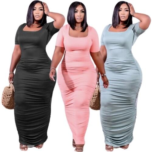 Plus Size 5XL Solid Folds Dress Floor Length Round Neck 2021 Summer Fashioh Sexy Festival Clothing Wholesale Dropshipping