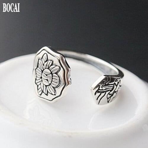 BOCAI New Real s925 sterling silver lotus open Woman ring vintage Thai silver ring female ring