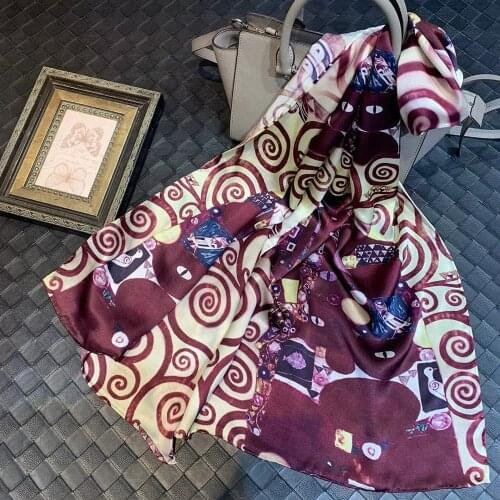 [BYSIFA] Spring New Beige Long Silk Scarf Accessories Fashion Brand Scarves Shawls Classical Oil Painting Style Neck Scarf Cape